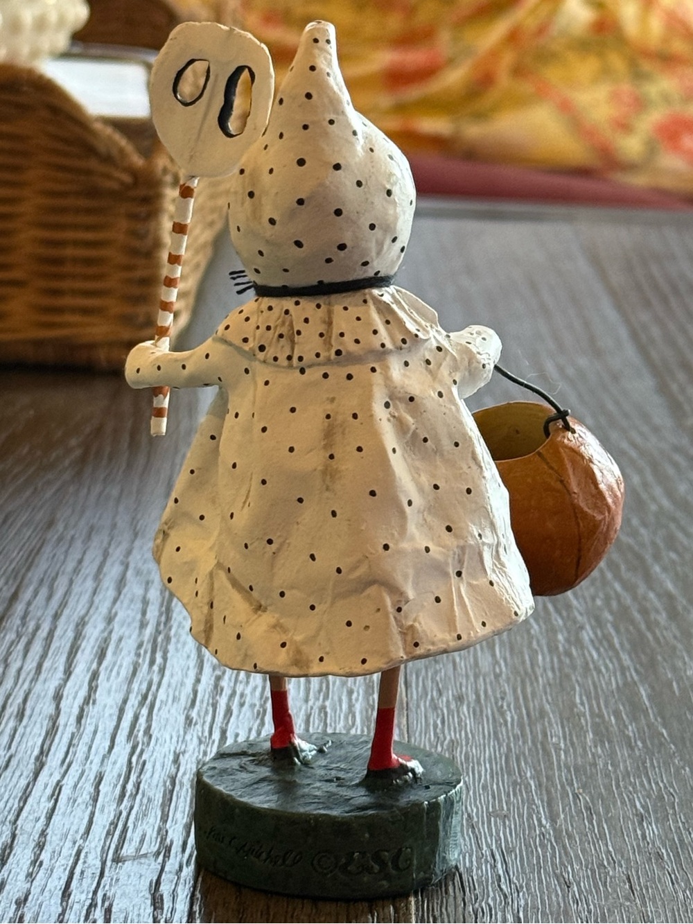 Lori Mitchell White Polka Dot Ghost Dottie Child Figurine with Pumpkin Lantern - Picture 3 of 6